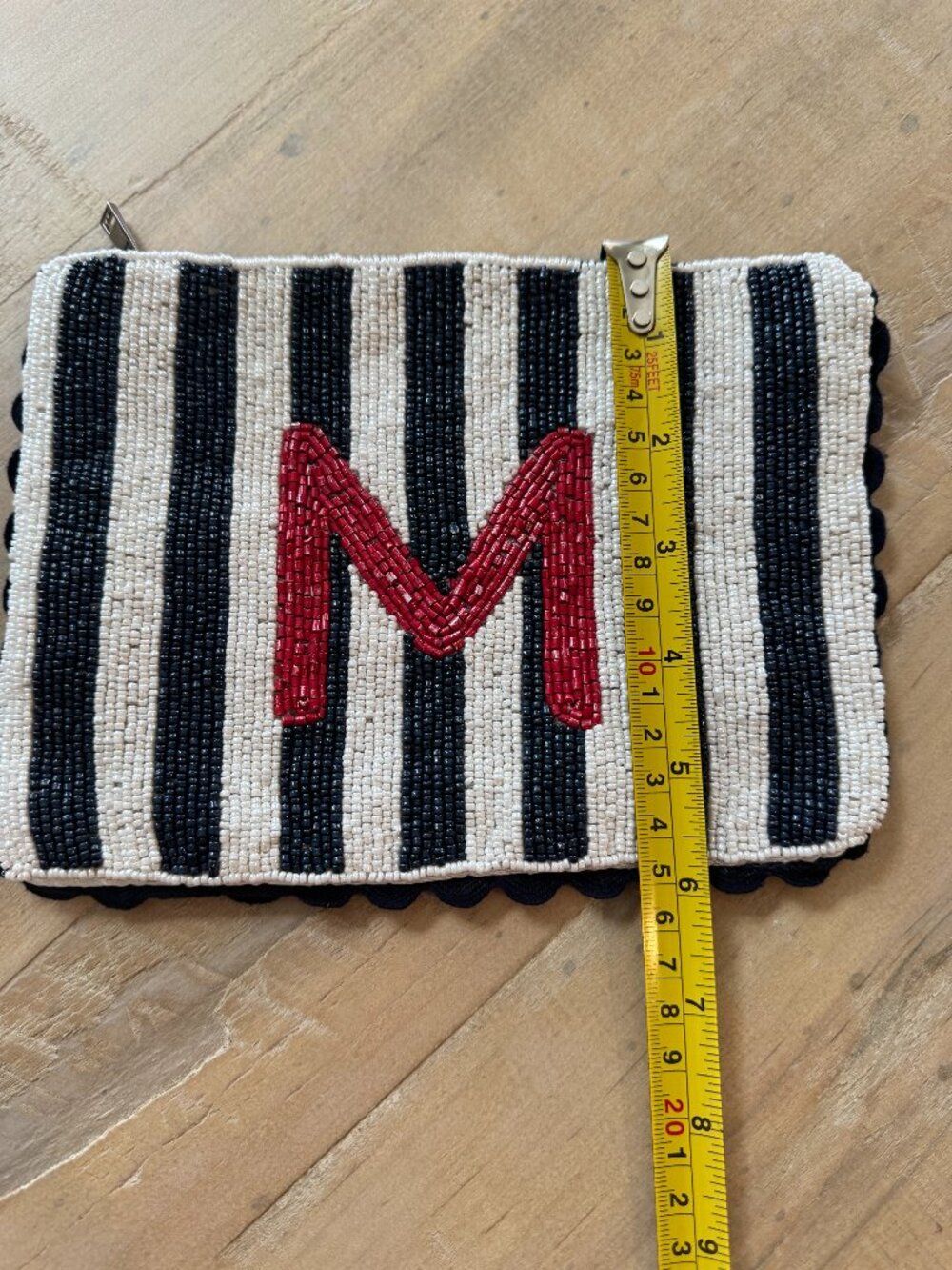 Beaded Monogram Initial M Makeup Bag Pouch Black White Striped Zipper Clutch